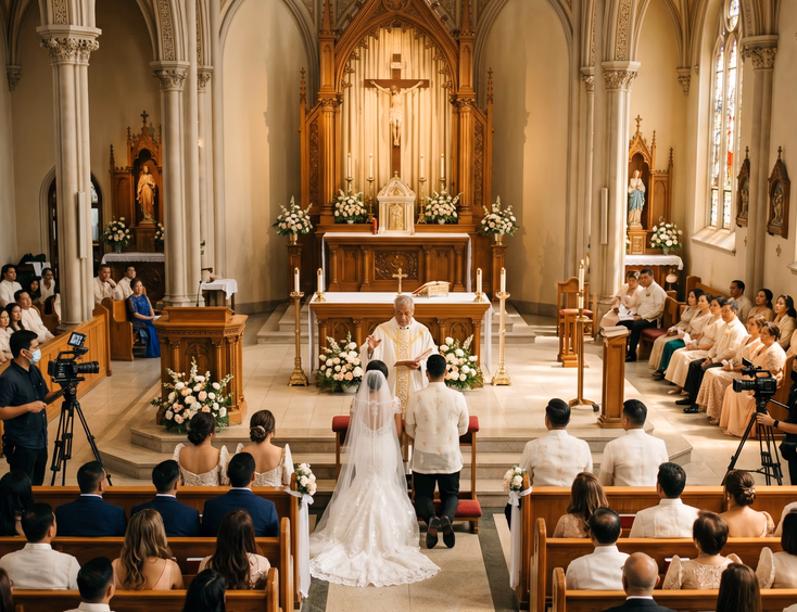 Wide multi-camera view of a Filipino Catholic church wedding with a bride and groom kneeling at the altar before a priest while the entourage and ninongs and ninangs are seated in the pews and two videographers film from the side aisles.