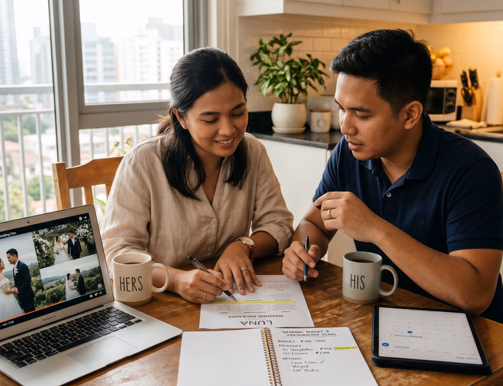 Filipino couple reviewing wedding videographer package menus at a Manila condo kitchen table with a laptop playing a video sample, a budget notebook with highlighted options, and a tablet showing a calendar in soft afternoon light.