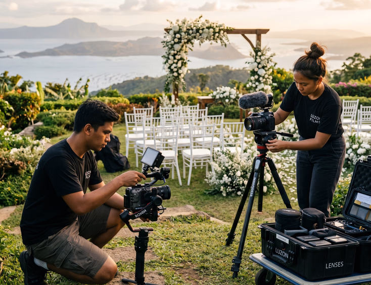 Filipino wedding videography team setting up at a Tagaytay garden venue with a male videographer adjusting a cinema gimbal and a female second shooter setting up a tripod with a shotgun microphone near a white floral ceremony arch.