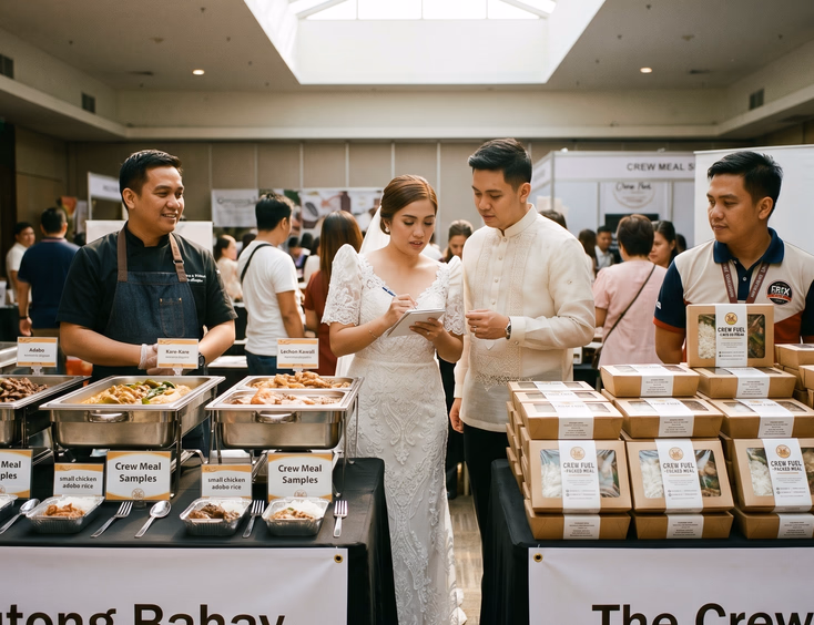 Filipino bride and groom comparing buffet options and boxed crew meal samples at a wedding vendor showcase.