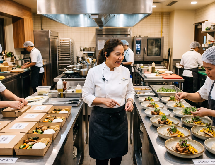Kitchen team plating guest meals and packaging boxed crew meals simultaneously at a professional catering facility.