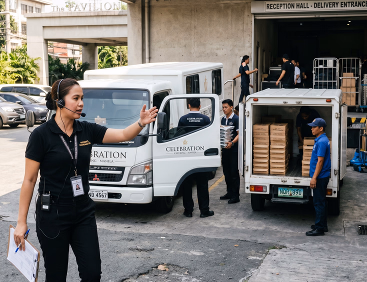 Wedding coordinator directing the simultaneous delivery of guest meal trays and boxed crew meals at a venue back area.