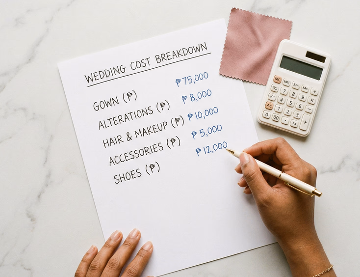 Flat-lay of a handwritten bridesmaid cost breakdown list with peso amounts for gown alterations hair and makeup accessories and shoes alongside a dusty rose fabric swatch and calculator on a marble surface