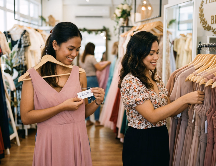 Two Filipino bridesmaids browsing gowns inside a Philippine bridal boutique with one checking the price tag on a knee-length chiffon dress