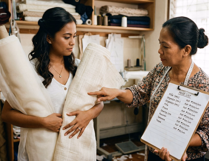 Filipino bride and dressmaker comparing organza and piña fabric bolts while reviewing a price list in a tailoring studio in the Philippines