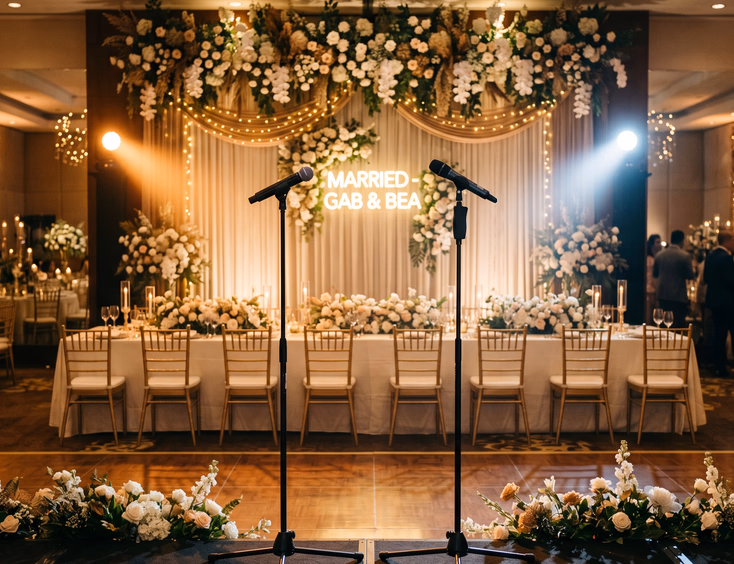 Wedding reception stage with two spotlit microphones on stands flanked by floral arrangements and head table in warm ambient lighting