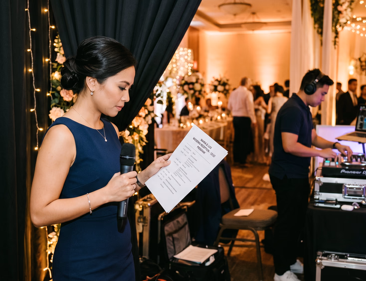 Filipina wedding emcee reviewing printed program sheet backstage in navy dress with Filipino male DJ adjusting equipment in background
