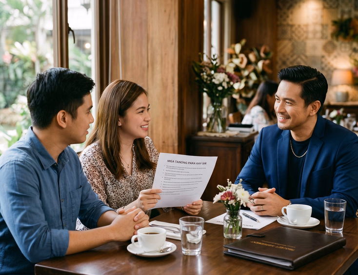 Filipino couple meeting with well-dressed male celebrity host at private restaurant with printed questions and contract folder on table