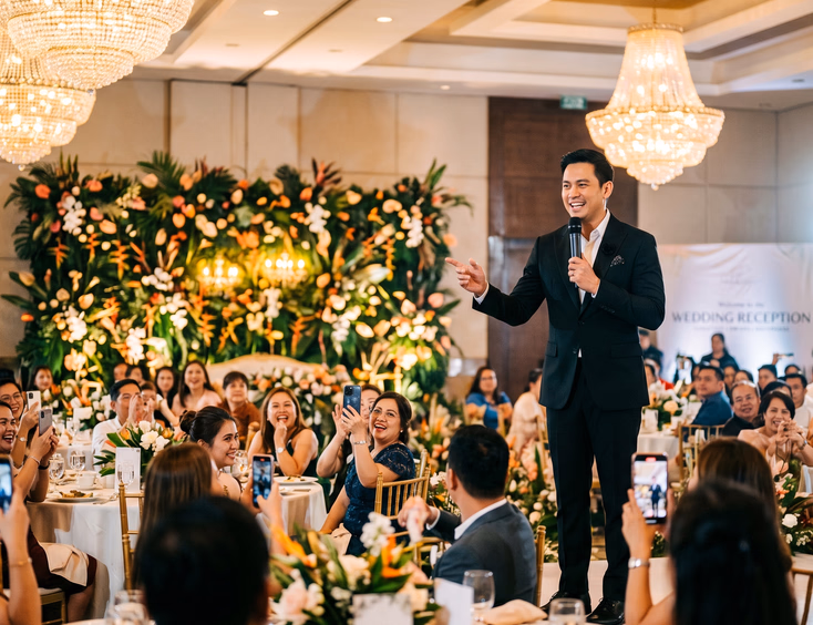 Filipino male celebrity host in black suit commanding large hotel ballroom wedding reception stage before crowd of laughing guests under crystal chandeliers
