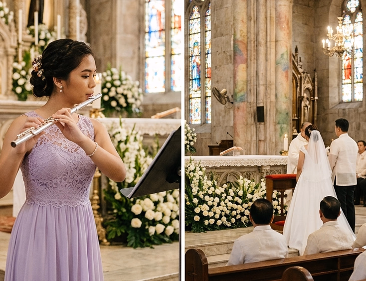 Filipino female flutist in a lavender gown playing a silver flute at the altar of a grand Catholic church during a wedding ceremony with stained glass light and floral arrangements