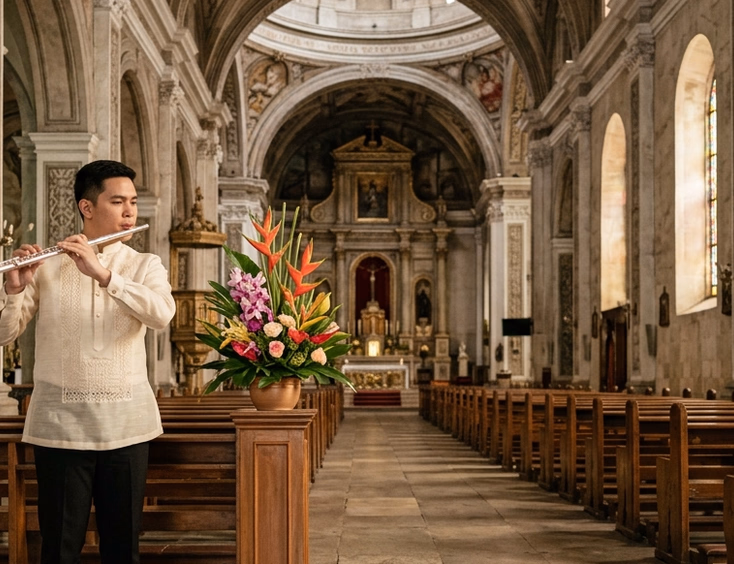 Filipino male flutist in a cream barong tagalog playing a silver flute inside a historic stone church with high arched ceilings and warm filtered light through narrow windows