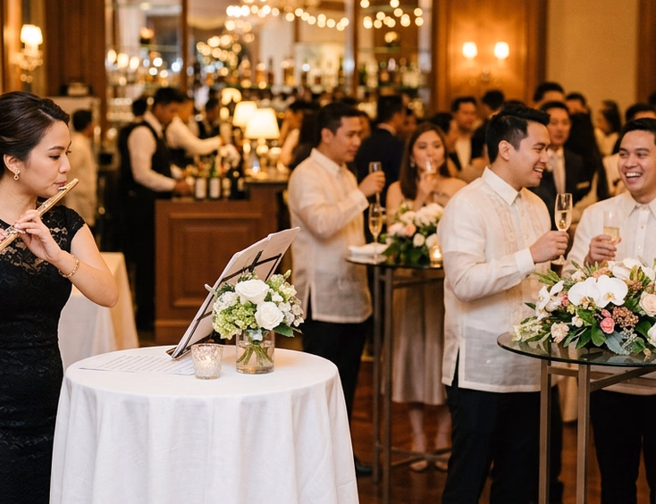 Filipino female flutist in a black cocktail dress performing at an elegant hotel wedding cocktail hour with guests holding champagne glasses and a softly blurred bar in the background