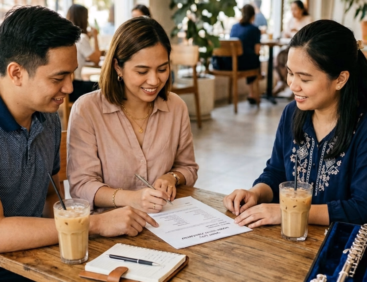 Filipino couple reviewing a printed song list and contract with a female flutist at a modern restaurant with a silver flute in an open case beside the table