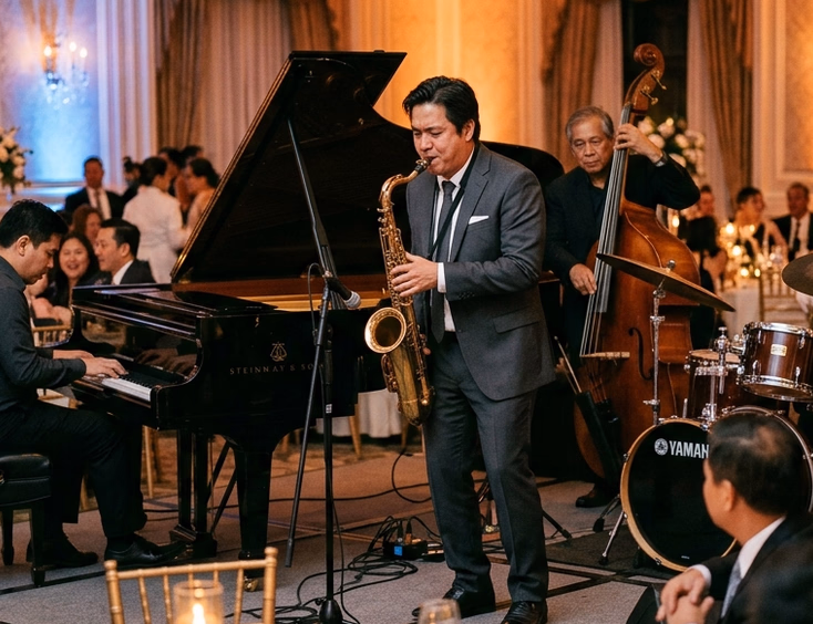Filipino jazz quartet performing at a hotel ballroom wedding reception with a saxophonist at center, grand piano, and candlelit guest tables in the foreground