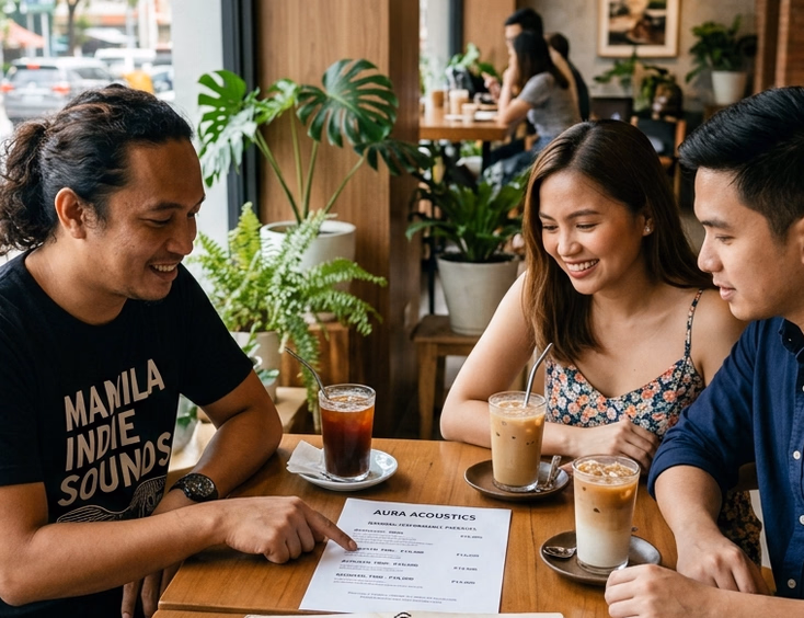 Filipino couple meeting with a musician at a Manila coffee shop to review a printed quotation sheet and band portfolio