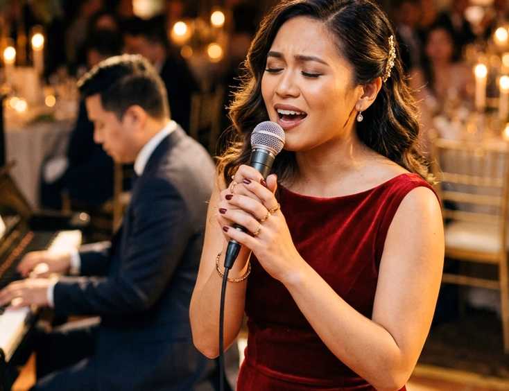 Close-up of a Filipino female jazz vocalist in a red gown singing at a wedding reception with a pianist and candlelit tables in the background