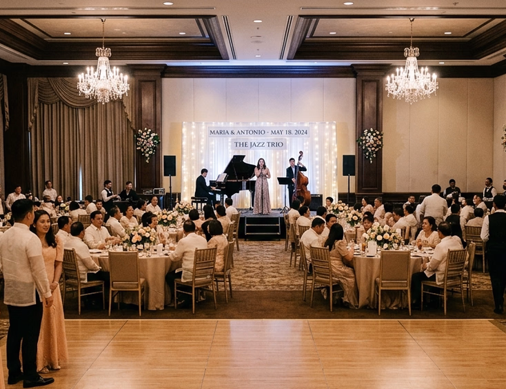 Wide shot of a Filipino wedding reception ballroom with a jazz trio performing on stage and guests seated at round tables near an empty dance floor
