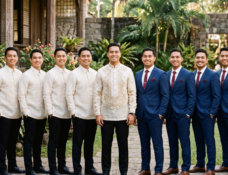 Filipino groom in the center flanked by groomsmen in cream piña barong tagalogs and navy tailored suits in a split symmetrical composition against a traditional Filipino architectural backdrop