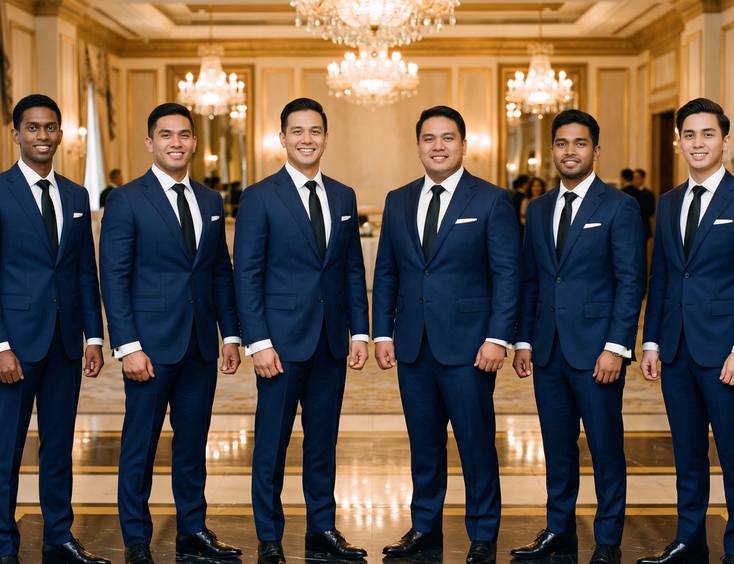 Six Filipino groomsmen in matching midnight blue tailored suits with peak lapels, black silk ties, and white pocket squares lined up inside a luxury Manila ballroom with crystal chandeliers