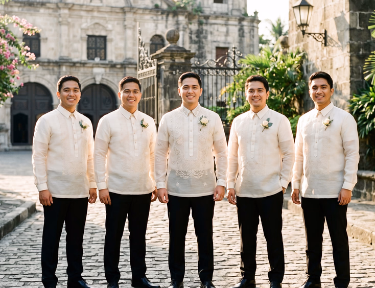 Filipino groom in a finely embroidered piña barong and four groomsmen in simpler jusi barongs standing outside a Spanish colonial church in Intramuros showing clear visual hierarchy