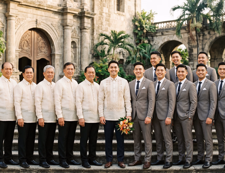 Intergenerational Filipino wedding entourage on church steps with older ninongs in cream piña barongs and younger groomsmen in warm grey suits unified by the groom in a detailed barong at the center