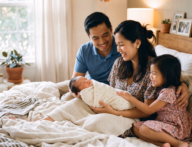 A loving Filipino family, including parents and an older sibling, gathers closely around their newborn baby on a soft bed in warm natural light.
