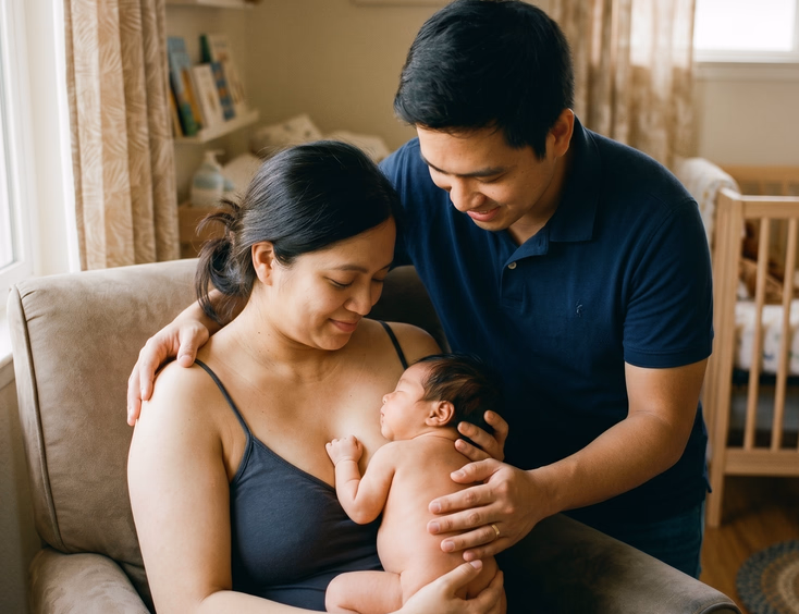 An intimate moment as a Filipino mother holds her newborn skin-to-skin while the father gazes lovingly at the baby in soft warm light.