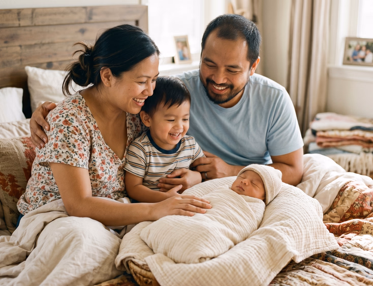 A joyful Filipino family of four poses candidly on a bed with their newborn and smiling toddler under warm, soft natural lighting.