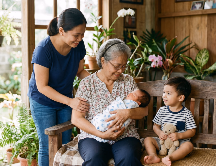 A calm Filipino grandmother carefully cradles a newborn baby while a parent stands close by and a toddler sits beside them in soft daylight.
