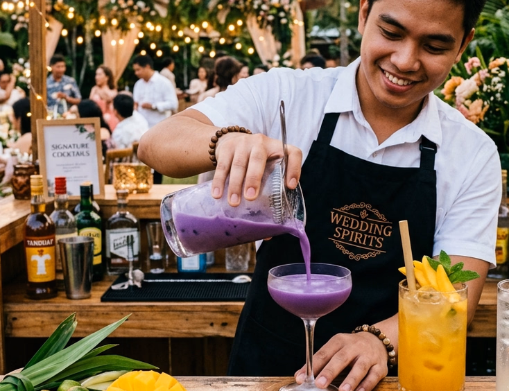 Filipino bartender pouring a purple ube martini at an outdoor wedding mobile bar with a mango rum punch and calamansi gin fizz alongside fresh Filipino fruit garnishes under string lights