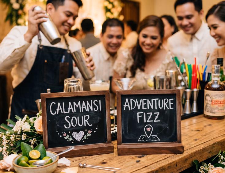 Close-up of two chalkboard cocktail menu cards on a Philippine wedding mobile bar top with fresh flowers and calamansi garnishes as a bartender prepares drinks for guests in the background