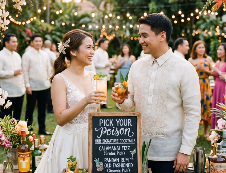 Filipino bride and groom standing behind their wedding mobile bar each holding a signature cocktail beside a chalkboard sign reading Pick Your Poison with guests in barong tagalog visible in the background