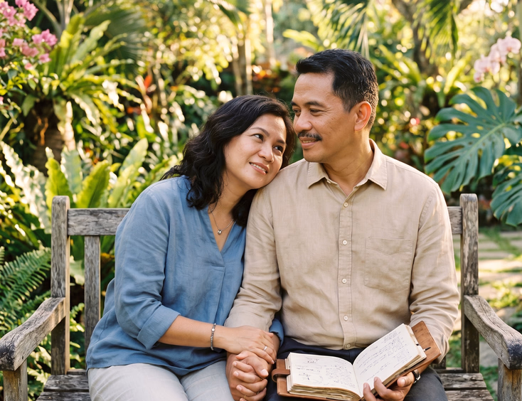 Affectionate Filipino couple in their 40s sitting on a sunlit garden bench.