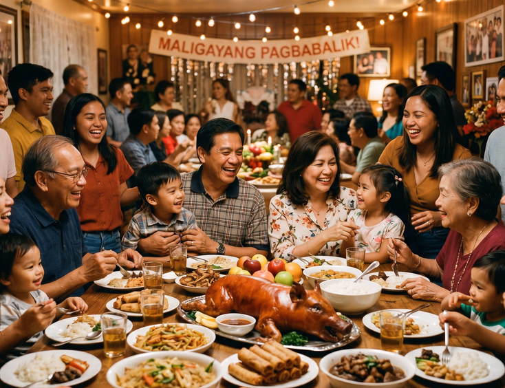 Large Filipino family celebrating a homecoming with a couple in their 50s at a dining table.