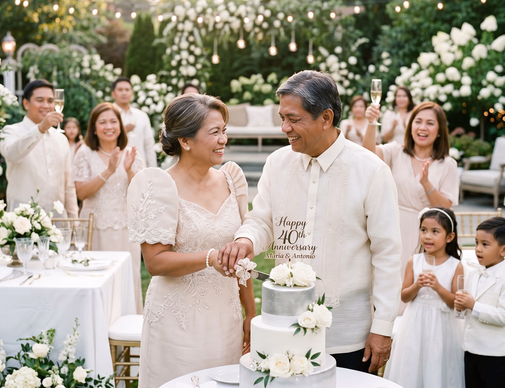 Filipino couple in their 60s cutting a cake during a milestone anniversary celebration in a garden.