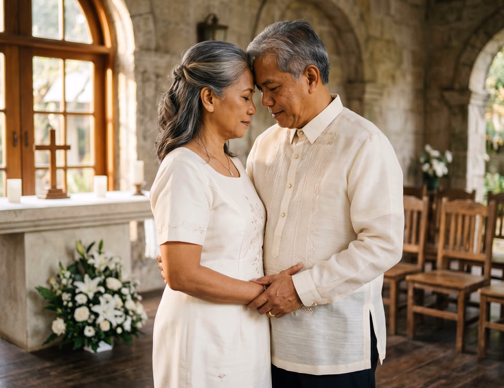 Intimate moment between a Filipino couple in their 50s in a garden chapel before a ceremony.