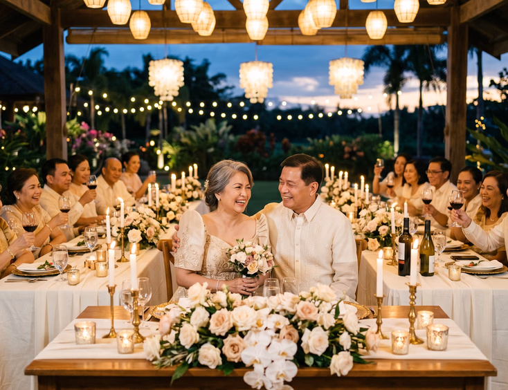Filipino mature couple in modern Filipiniana and piña barong tagalog at a candlelit vow renewal reception table.