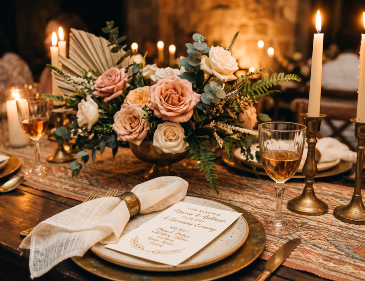 Detail shot of a Filipino vow renewal tablescape with brass candlesticks, gold chargers, inabel runner, and rose arrangement.