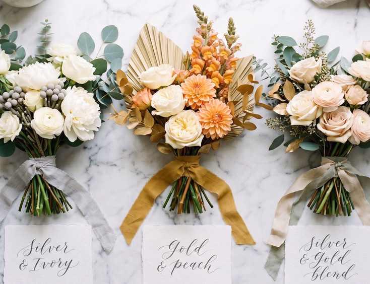 Styled flat-lay showing silver-themed, gold-themed, and silver-and-gold Filipino wedding floral arrangements.
