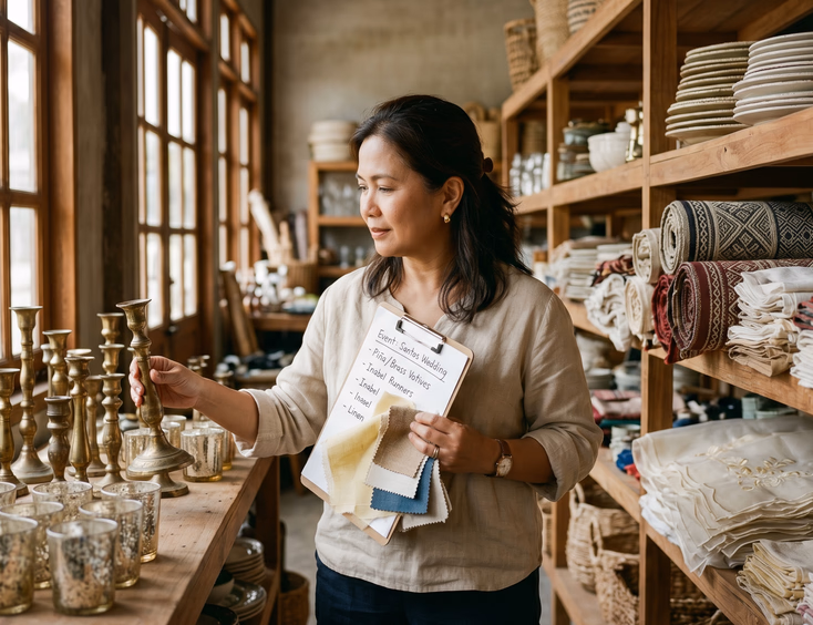 Filipino event stylist sourcing antique brass candlesticks and mercury glass votives at a decor prop rental warehouse.