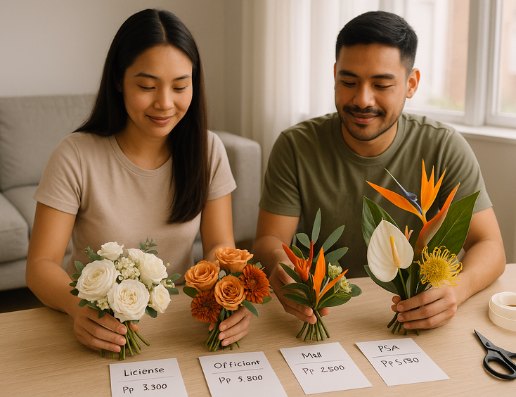 Couple comparing three compact bouquet styles neutral sunset and tropical on a table