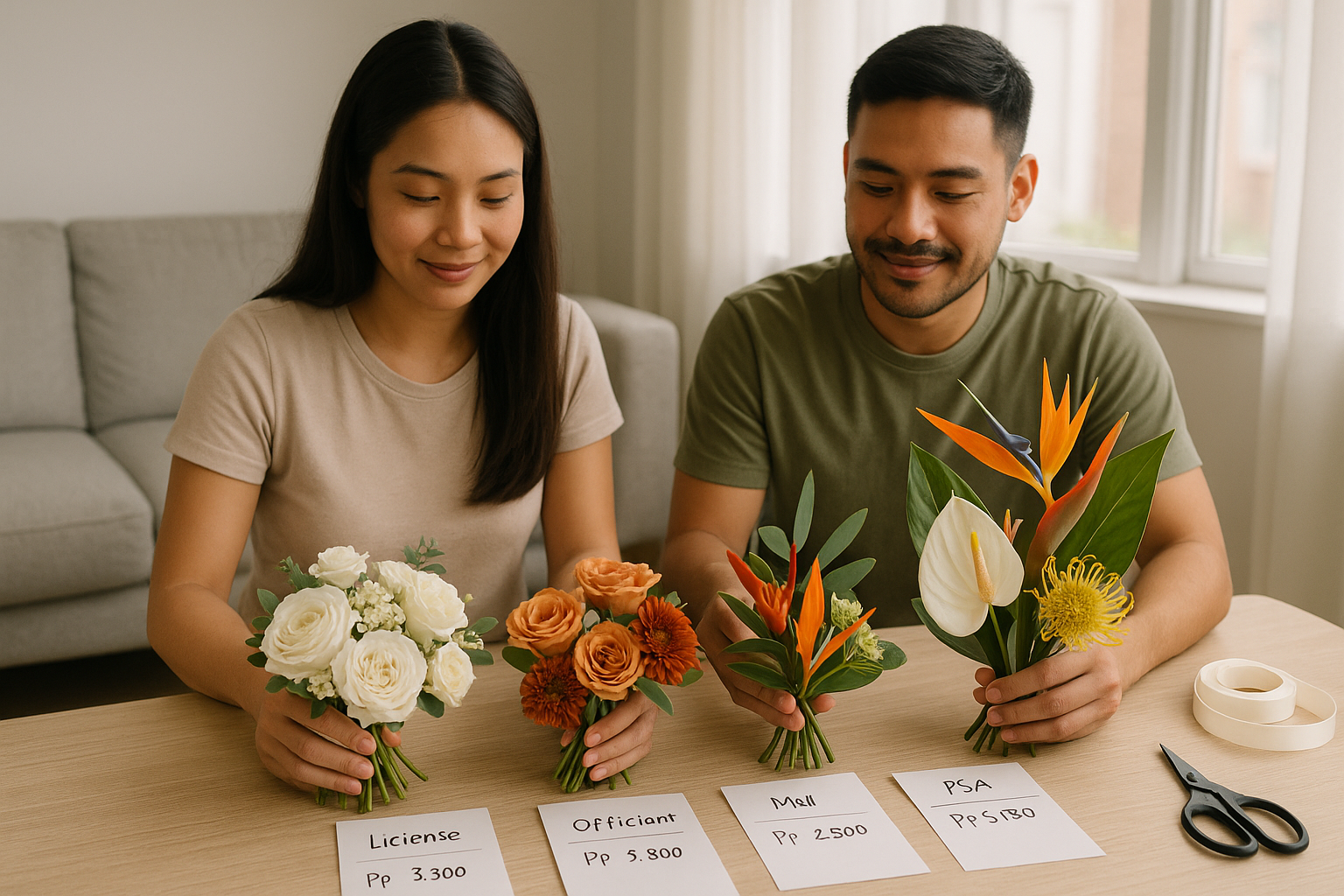 Couple comparing three compact bouquet styles neutral sunset and tropical on a table