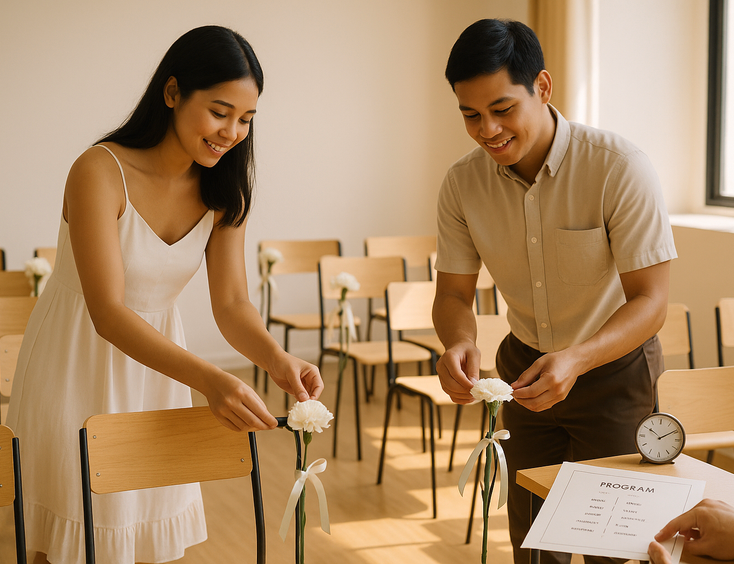 Couple attaching single stem ribbon markers to ceremony chairs on a small budget