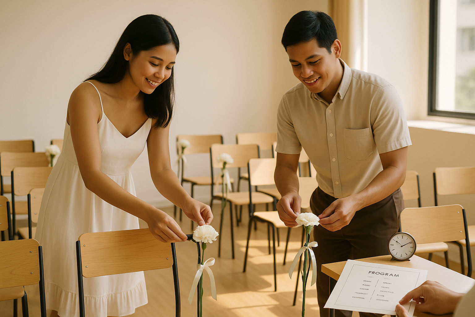 Couple attaching single stem ribbon markers to ceremony chairs on a small budget