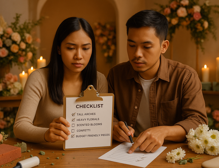 Couple reviewing a skip list of costly or messy décor to stay under ten thousand pesos