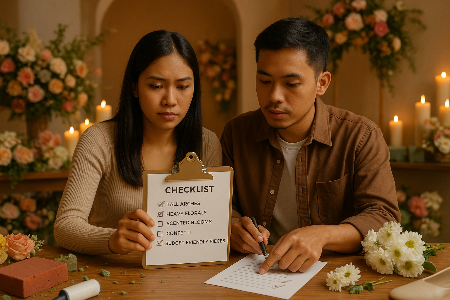 Couple reviewing a skip list of costly or messy décor to stay under ten thousand pesos