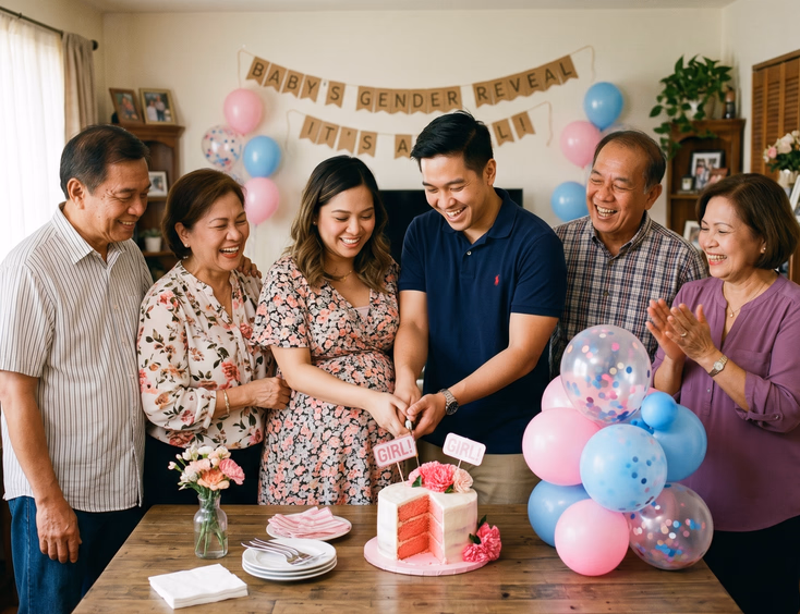 An intimate Filipino family gender reveal gathering at home, with expectant parents and grandparents smiling together in a cozy, warm-lit living room.