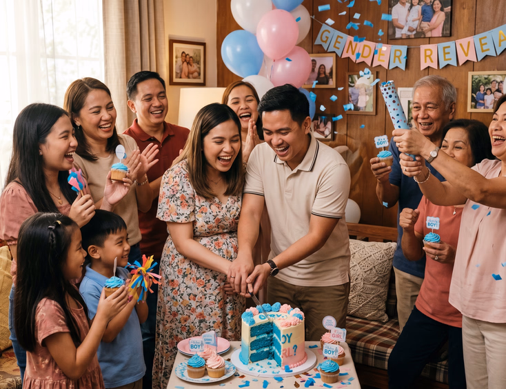 A joyful Filipino couple slices a cake to reveal colored filling, surrounded by excited family members holding confetti poppers at home.