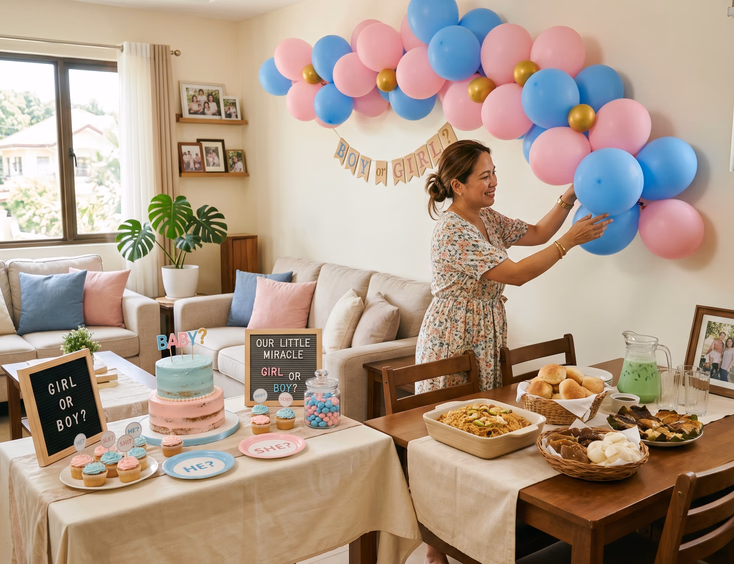 A Filipino mother sets up a simple gender reveal at home, arranging a balloon cluster behind a dining table with a merienda spread.