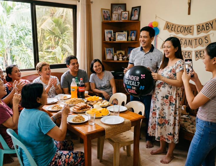 A relaxed Filipino family enjoys a gender reveal program at home, sharing food around a table while a relative films the couple.